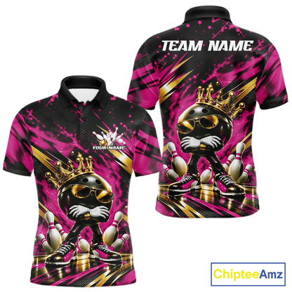 Custom Pink And Gold Funny Awesome Crown Bowling Ball Bowling King Men Polo Team Shirt IPHW12322