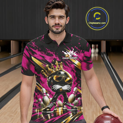 Custom Pink And Gold Funny Awesome Crown Bowling Ball Bowling King Men Polo Team Shirt IPHW12322