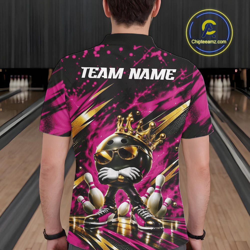 Custom Pink And Gold Funny Awesome Crown Bowling Ball Bowling King Men Polo Team Shirt IPHW12322
