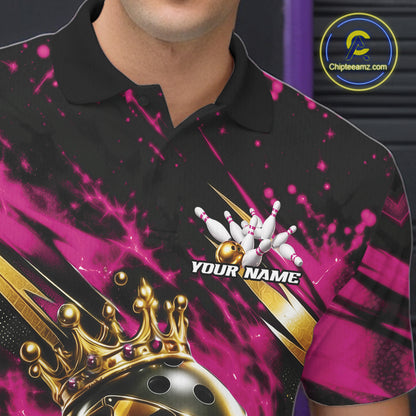 Custom Pink And Gold Funny Awesome Crown Bowling Ball Bowling King Men Polo Team Shirt IPHW12322