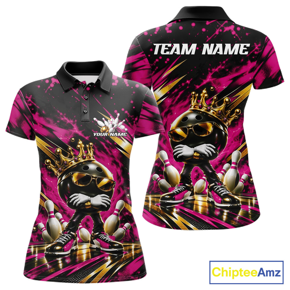 Custom Pink And Gold Funny Awesome Crown Bowling Ball Bowling Queen Women Polo Team Shirt IPHW12322