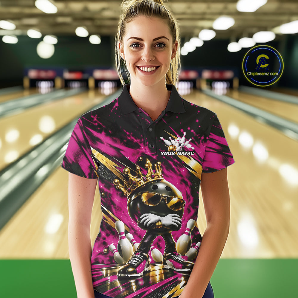 Custom Pink And Gold Funny Awesome Crown Bowling Ball Bowling Queen Women Polo Team Shirt IPHW12322