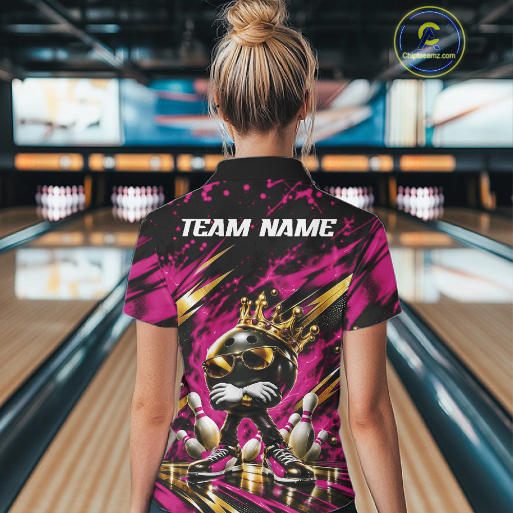 Custom Pink And Gold Funny Awesome Crown Bowling Ball Bowling Queen Women Polo Team Shirt IPHW12322