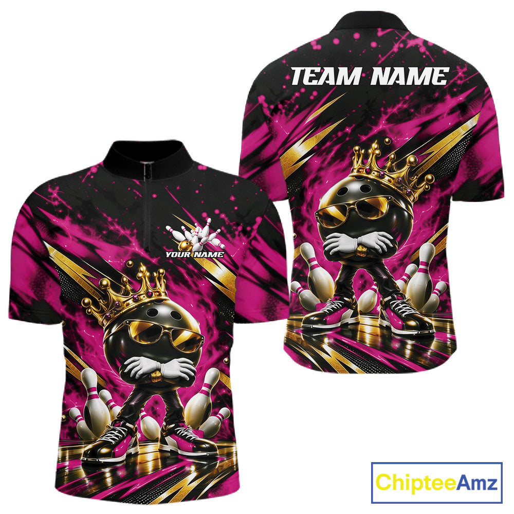Custom Pink And Gold Funny Awesome Crown Bowling Ball Bowling King Men Quarter Zip Team Shirt IPHW12322