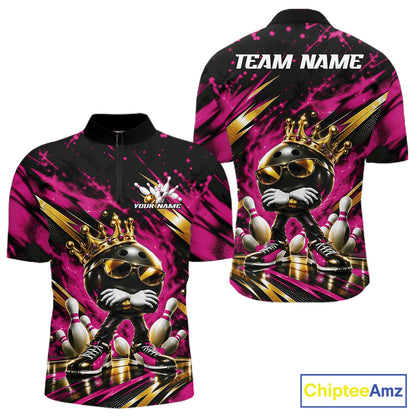 Custom Pink And Gold Funny Awesome Crown Bowling Ball Bowling King Men Quarter Zip Team Shirt IPHW12322