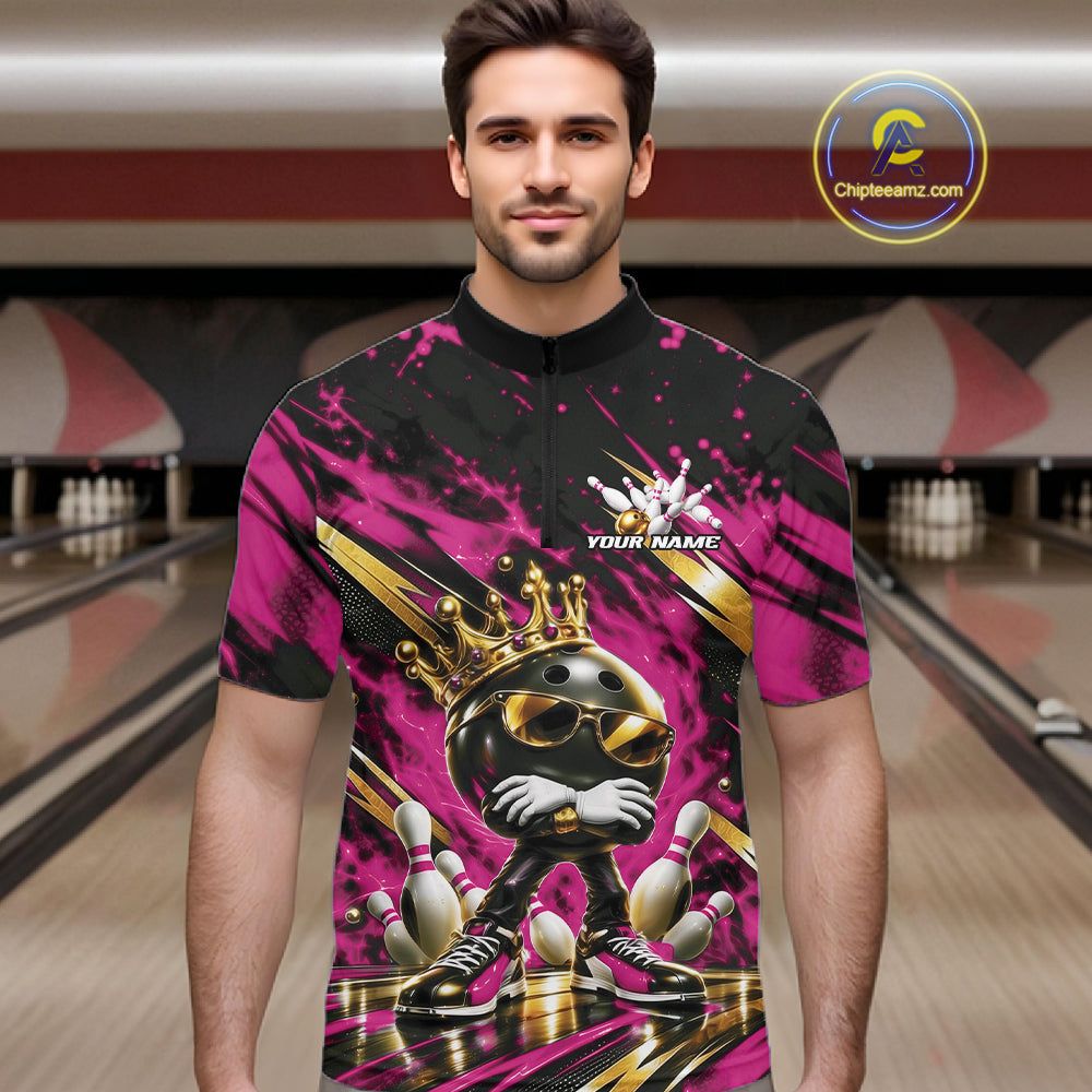 Custom Pink And Gold Funny Awesome Crown Bowling Ball Bowling King Men Quarter Zip Team Shirt IPHW12322