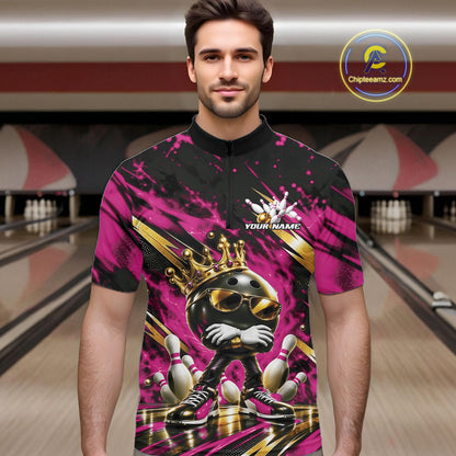 Custom Pink And Gold Funny Awesome Crown Bowling Ball Bowling King Men Quarter Zip Team Shirt IPHW12322