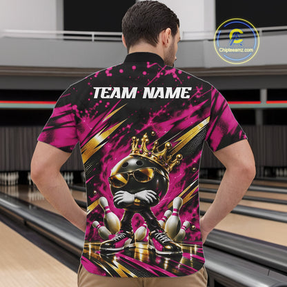 Custom Pink And Gold Funny Awesome Crown Bowling Ball Bowling King Men Quarter Zip Team Shirt IPHW12322