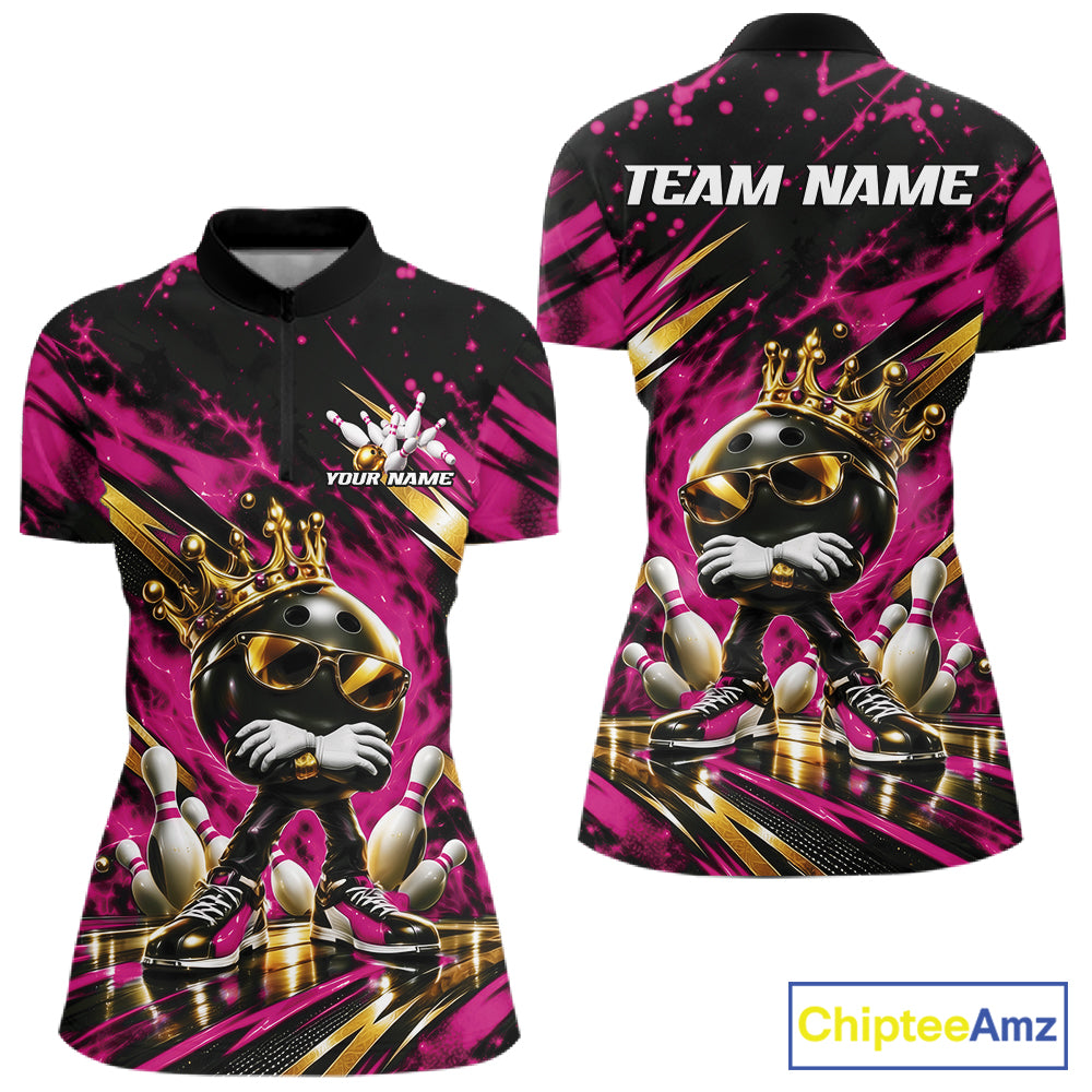 Custom Pink And Gold Funny Awesome Crown Bowling Queen Women Quarter-Zip Team Shirt IPHW12322