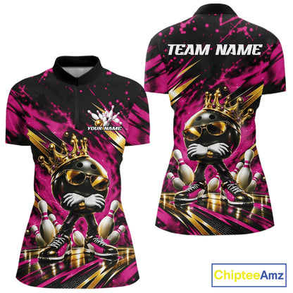 Custom Pink And Gold Funny Awesome Crown Bowling Queen Women Quarter-Zip Team Shirt IPHW12322