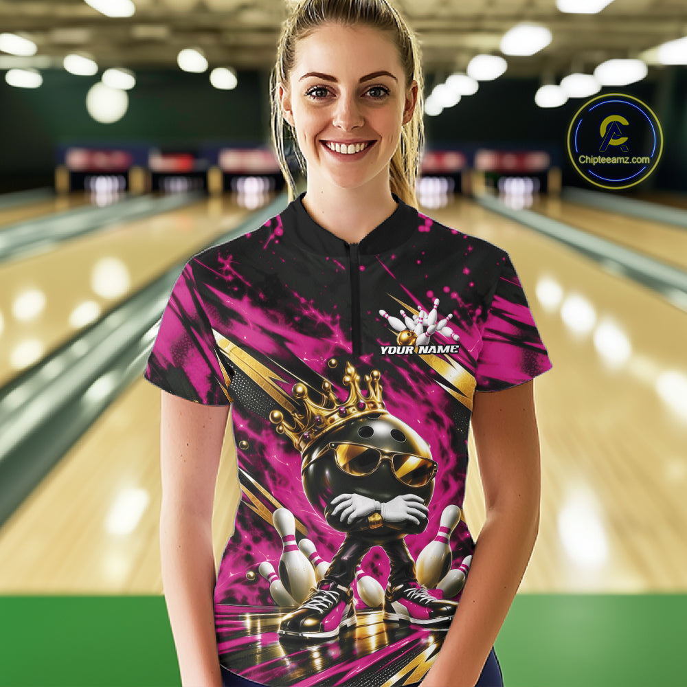 Custom Pink And Gold Funny Awesome Crown Bowling Queen Women Quarter-Zip Team Shirt IPHW12322