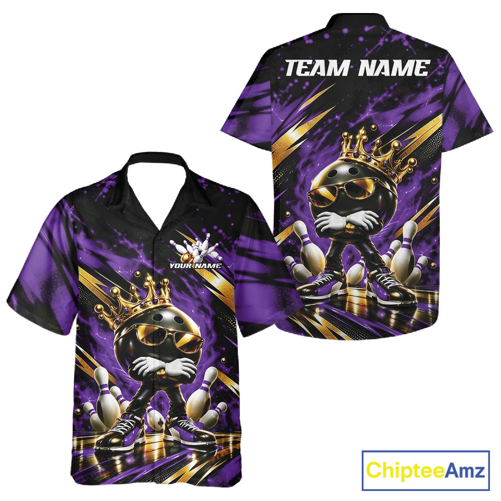 Custom Purple And Gold Funny Awesome Crown Bowling Ball Bowling King Men And Women Button Up Team Shirt IPHW12323