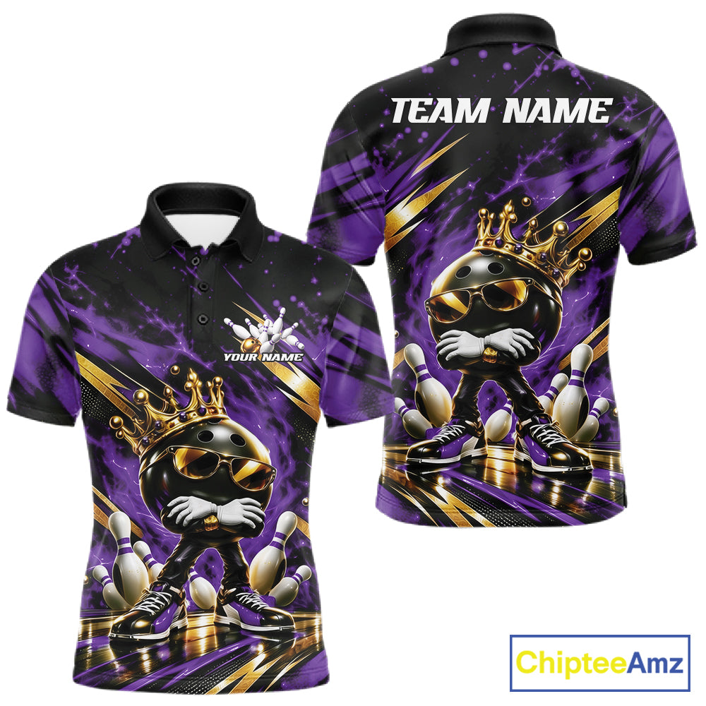 Custom Purple And Gold Funny Awesome Crown Bowling Ball Bowling King Men Polo Team Shirt IPHW12323