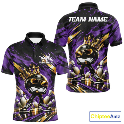 Custom Purple And Gold Funny Awesome Crown Bowling Ball Bowling King Men Polo Team Shirt IPHW12323