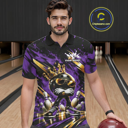Custom Purple And Gold Funny Awesome Crown Bowling Ball Bowling King Men Polo Team Shirt IPHW12323
