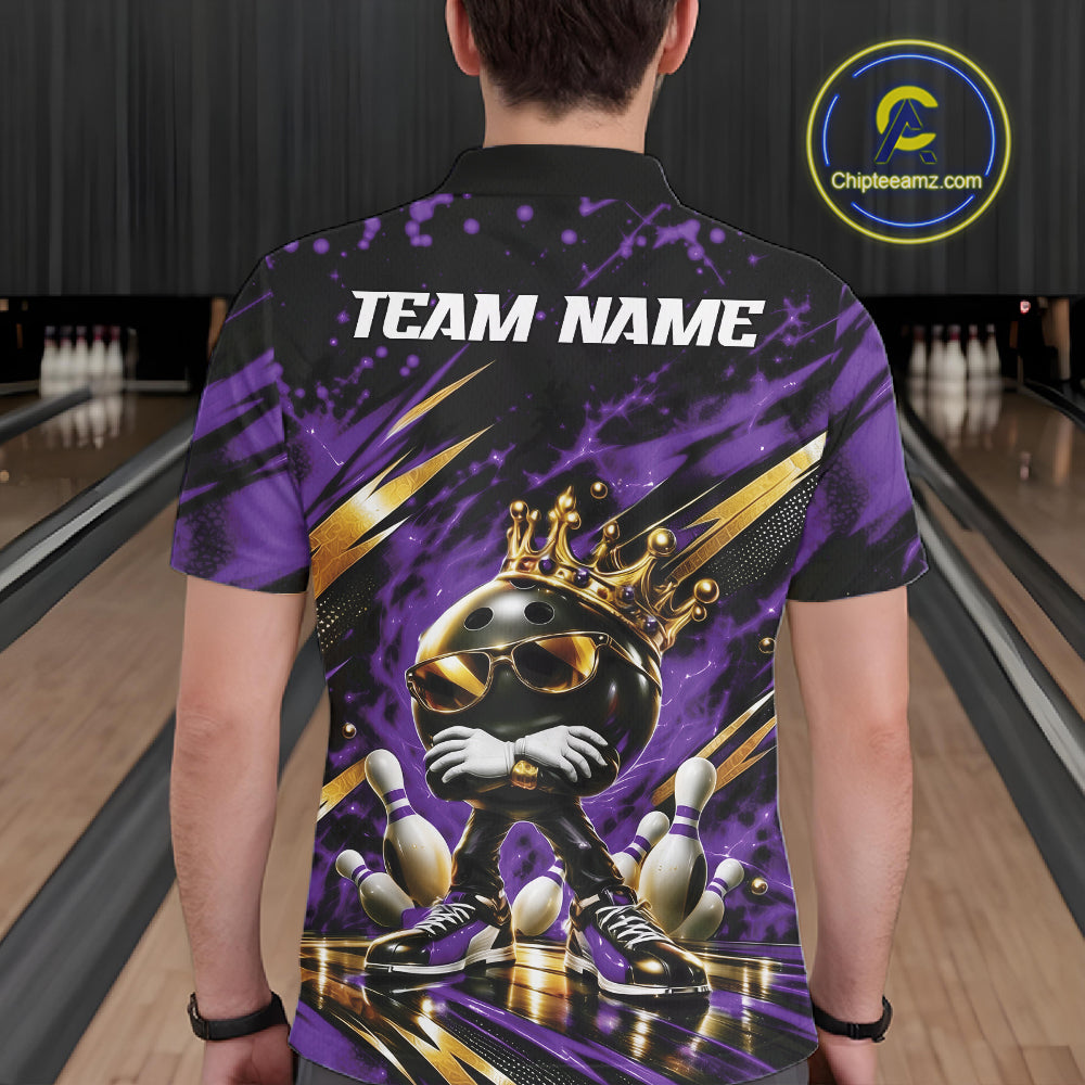 Custom Purple And Gold Funny Awesome Crown Bowling Ball Bowling King Men Polo Team Shirt IPHW12323