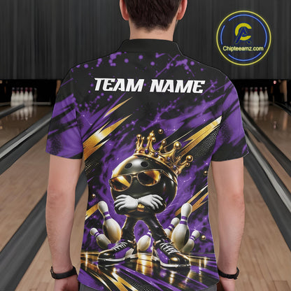 Custom Purple And Gold Funny Awesome Crown Bowling Ball Bowling King Men Polo Team Shirt IPHW12323