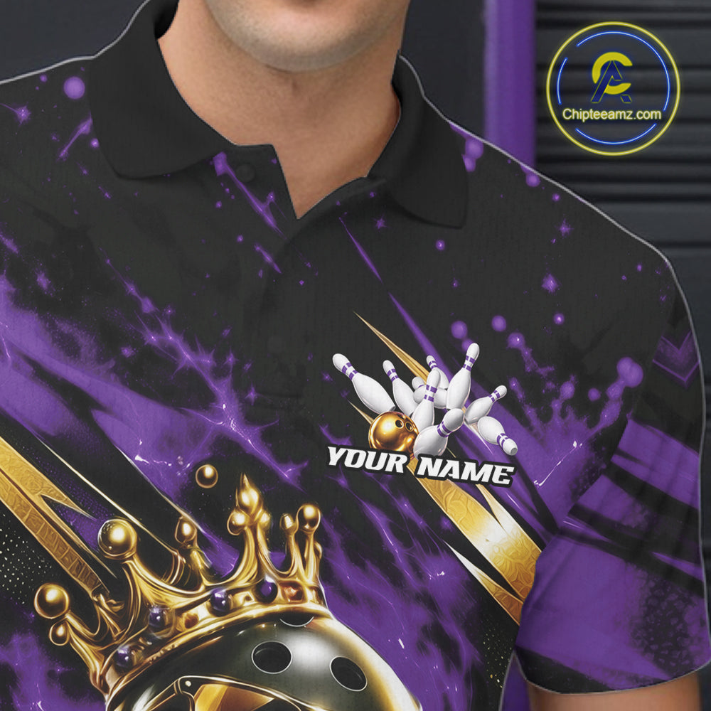 Custom Purple And Gold Funny Awesome Crown Bowling Ball Bowling King Men Polo Team Shirt IPHW12323