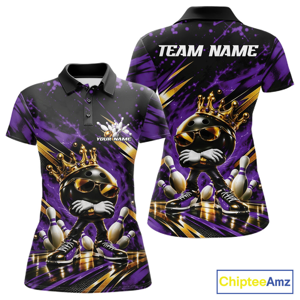 Custom Purple And Gold Funny Awesome Crown Bowling Ball Bowling Queen Women Polo Team Shirt IPHW12323