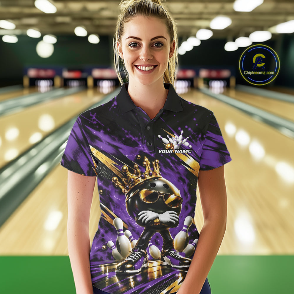 Custom Purple And Gold Funny Awesome Crown Bowling Ball Bowling Queen Women Polo Team Shirt IPHW12323
