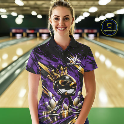 Custom Purple And Gold Funny Awesome Crown Bowling Ball Bowling Queen Women Polo Team Shirt IPHW12323