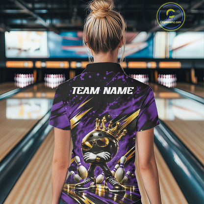 Custom Purple And Gold Funny Awesome Crown Bowling Ball Bowling Queen Women Polo Team Shirt IPHW12323