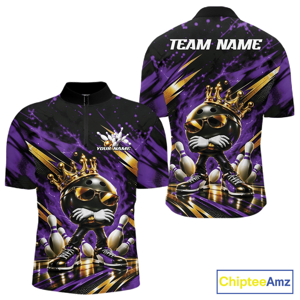 Custom Purple And Gold Funny Awesome Crown Bowling Ball Bowling King Men Quarter Zip Team Shirt IPHW12323