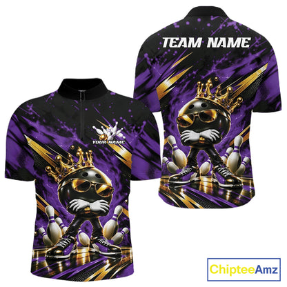 Custom Purple And Gold Funny Awesome Crown Bowling Ball Bowling King Men Quarter Zip Team Shirt IPHW12323