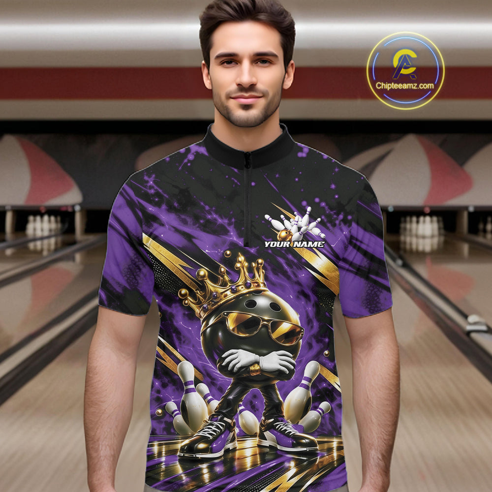 Custom Purple And Gold Funny Awesome Crown Bowling Ball Bowling King Men Quarter Zip Team Shirt IPHW12323