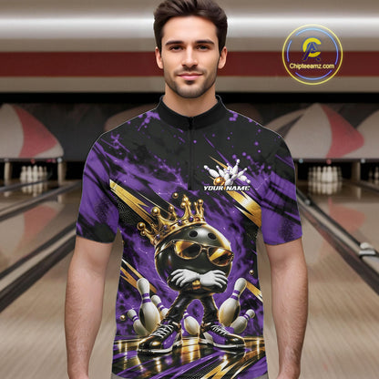 Custom Purple And Gold Funny Awesome Crown Bowling Ball Bowling King Men Quarter Zip Team Shirt IPHW12323