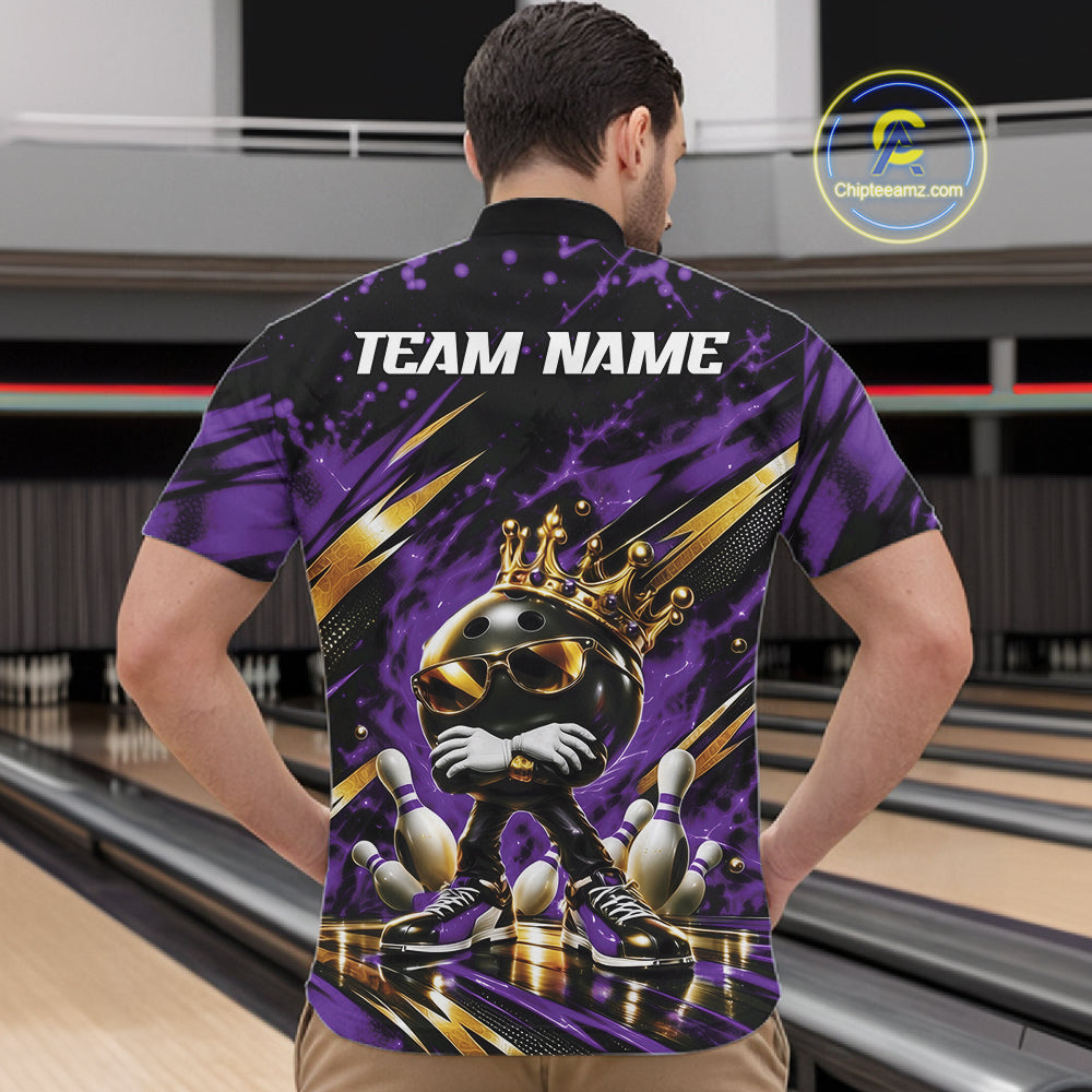 Custom Purple And Gold Funny Awesome Crown Bowling Ball Bowling King Men Quarter Zip Team Shirt IPHW12323
