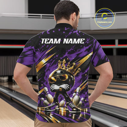 Custom Purple And Gold Funny Awesome Crown Bowling Ball Bowling King Men Quarter Zip Team Shirt IPHW12323