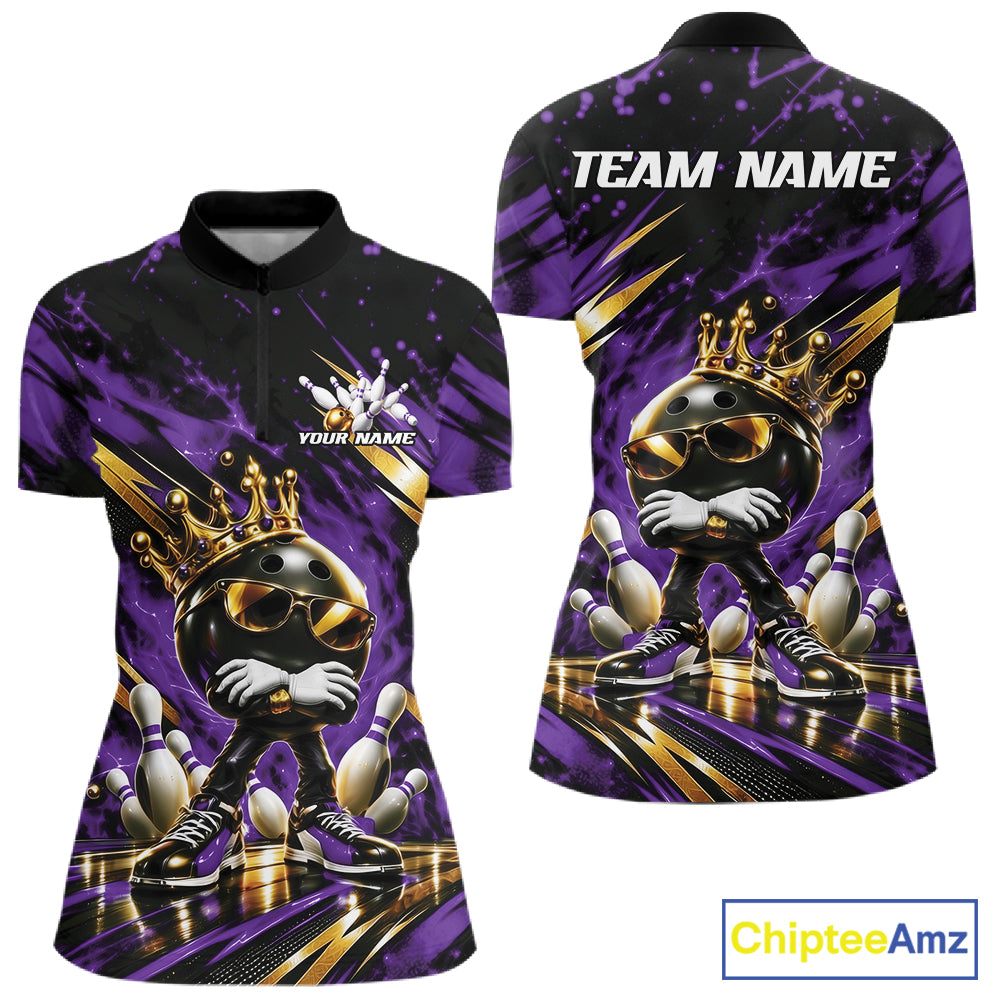 Custom Purple And Gold Funny Awesome Crown Bowling Queen Women Quarter-Zip Team Shirt IPHW12323