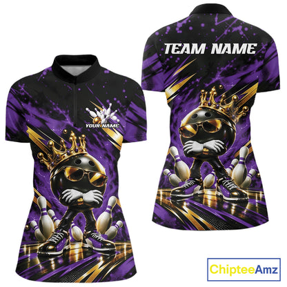 Custom Purple And Gold Funny Awesome Crown Bowling Queen Women Quarter-Zip Team Shirt IPHW12323