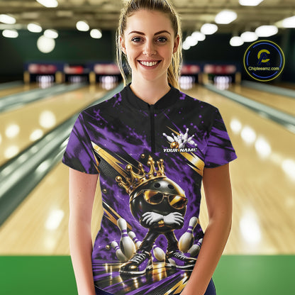 Custom Purple And Gold Funny Awesome Crown Bowling Queen Women Quarter-Zip Team Shirt IPHW12323
