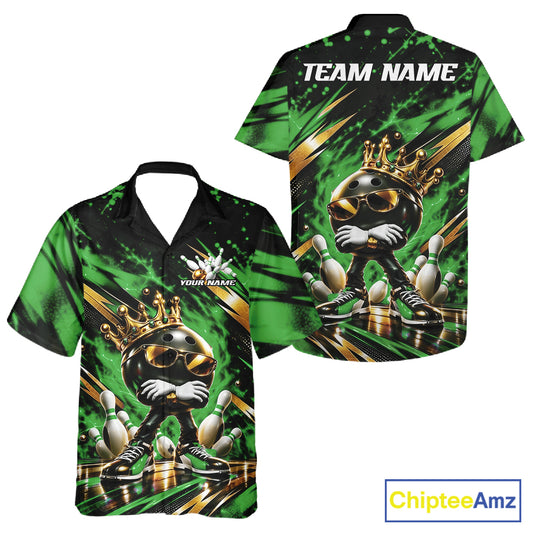 Custom Green And Gold Funny Awesome Crown Bowling Ball Bowling King Men And Women Button Up Team Shirt IPHW12324