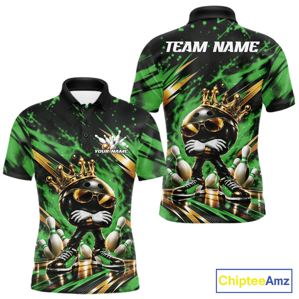 Custom Green And Gold Funny Awesome Crown Bowling Ball Bowling King Men Polo Team Shirt IPHW12324