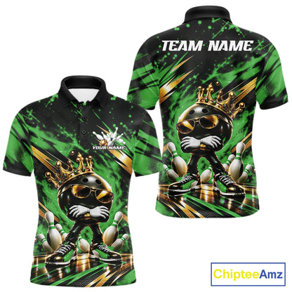 Custom Green And Gold Funny Awesome Crown Bowling Ball Bowling King Men Polo Team Shirt IPHW12324