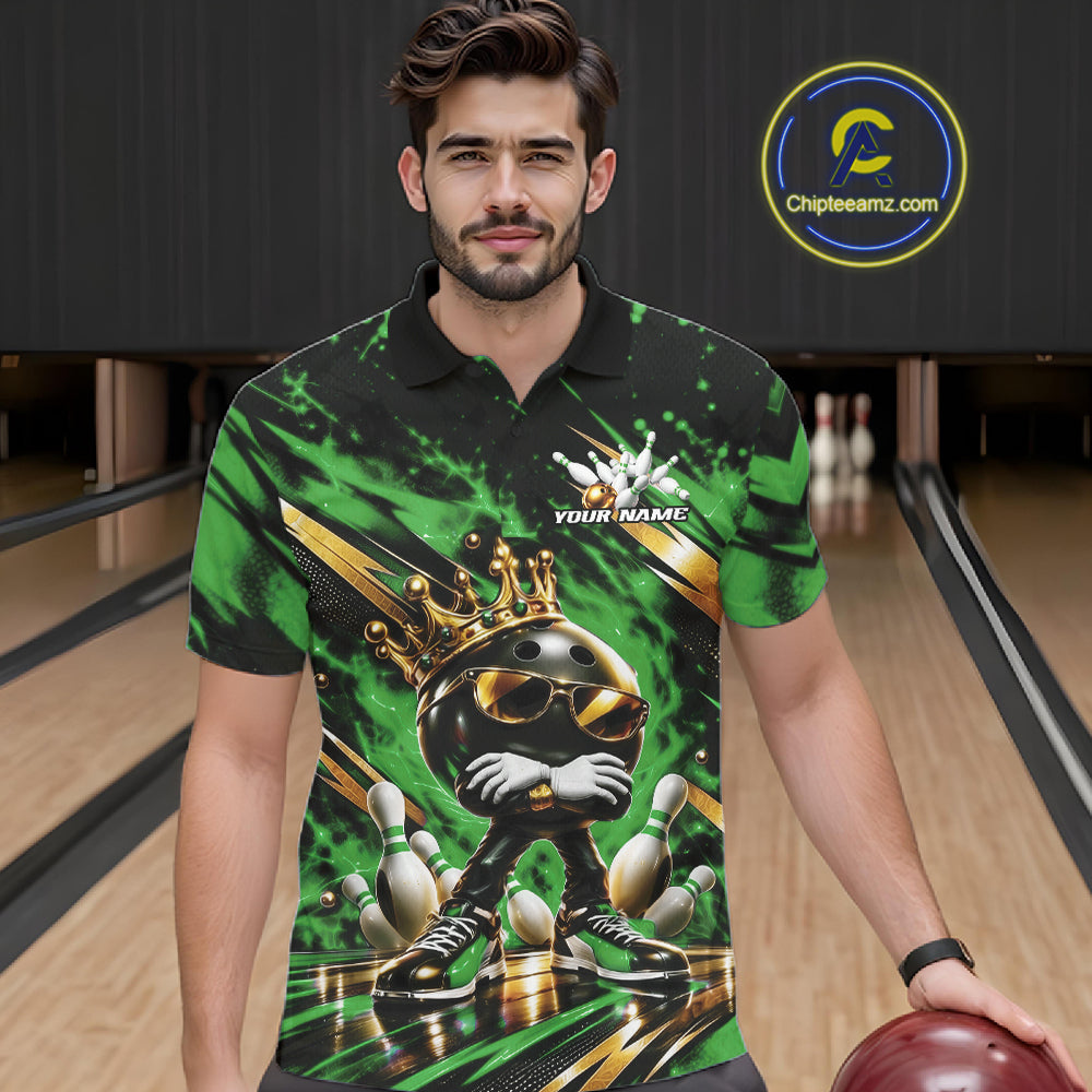 Custom Green And Gold Funny Awesome Crown Bowling Ball Bowling King Men Polo Team Shirt IPHW12324