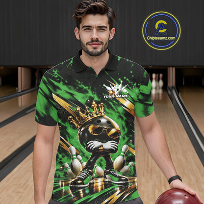 Custom Green And Gold Funny Awesome Crown Bowling Ball Bowling King Men Polo Team Shirt IPHW12324