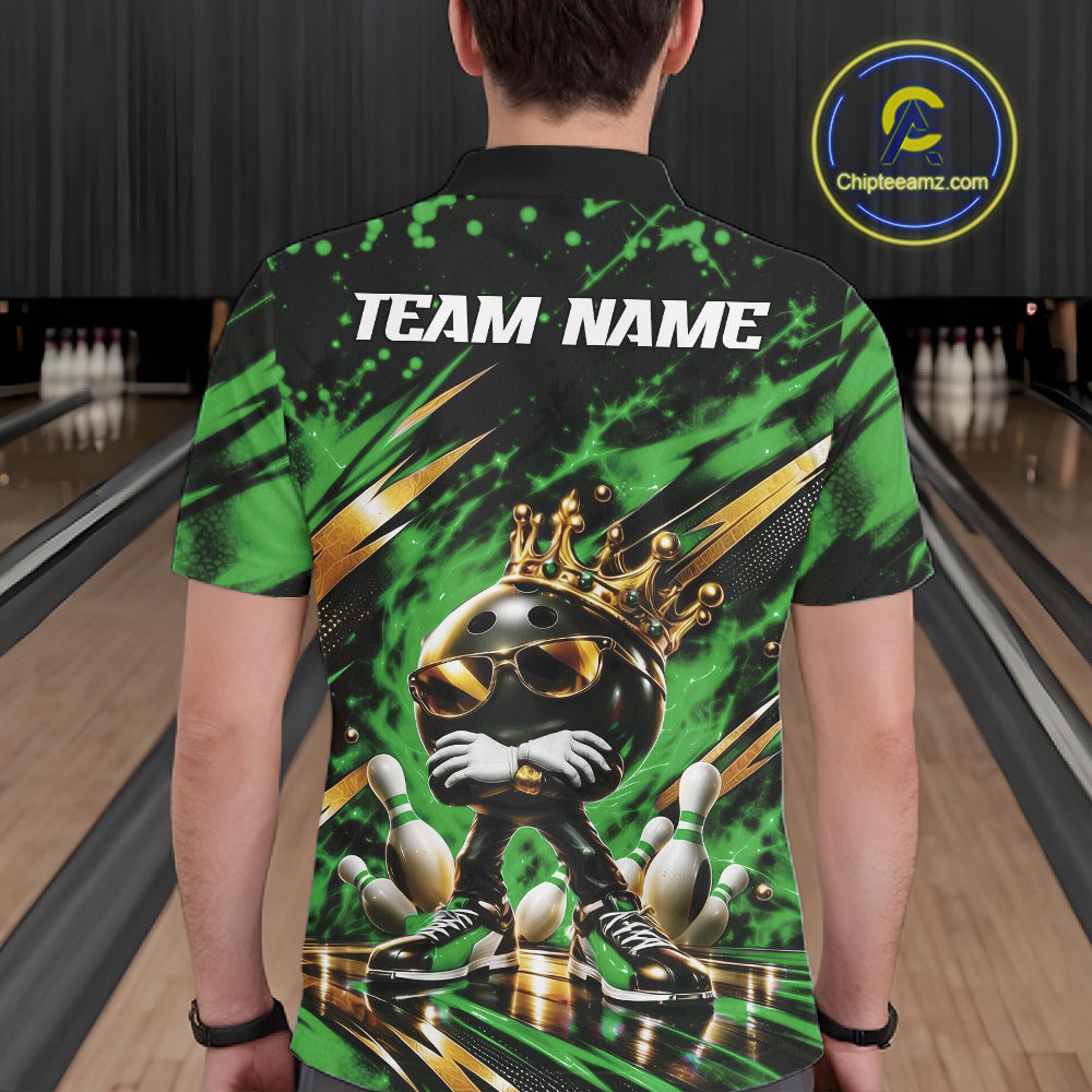 Custom Green And Gold Funny Awesome Crown Bowling Ball Bowling King Men Polo Team Shirt IPHW12324