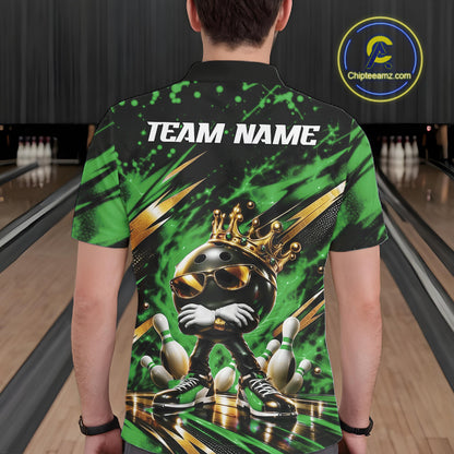 Custom Green And Gold Funny Awesome Crown Bowling Ball Bowling King Men Polo Team Shirt IPHW12324