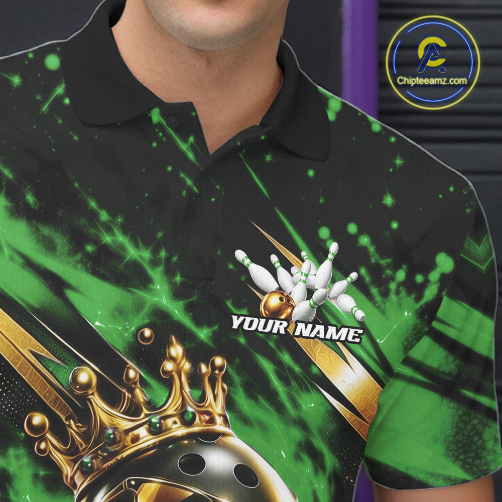 Custom Green And Gold Funny Awesome Crown Bowling Ball Bowling King Men Polo Team Shirt IPHW12324