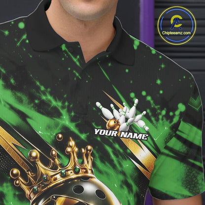 Custom Green And Gold Funny Awesome Crown Bowling Ball Bowling King Men Polo Team Shirt IPHW12324