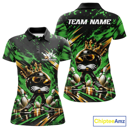 Custom Green And Gold Funny Awesome Crown Bowling Ball Bowling Queen Women Polo Team Shirt IPHW12324