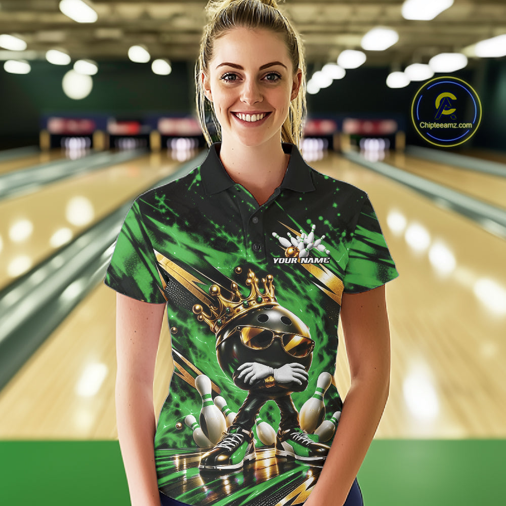 Custom Green And Gold Funny Awesome Crown Bowling Ball Bowling Queen Women Polo Team Shirt IPHW12324