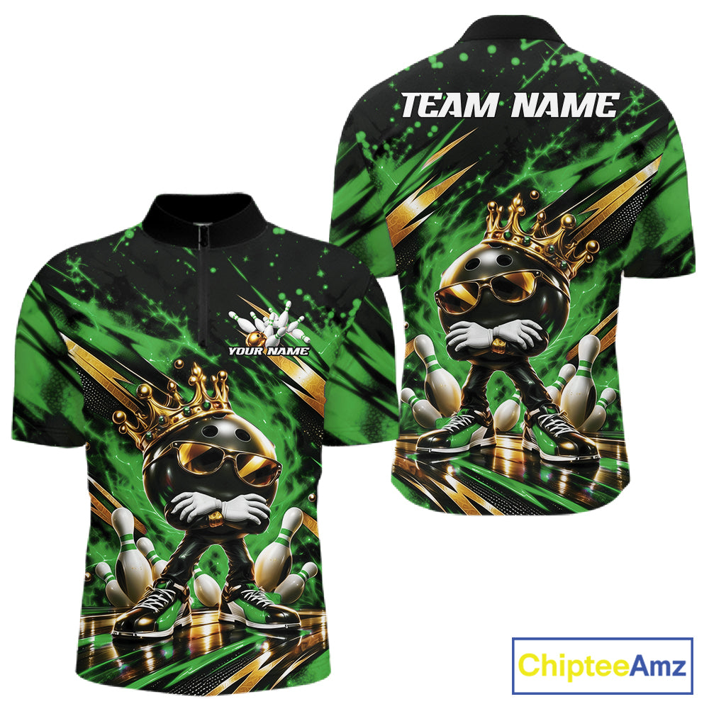 Custom Green And Gold Funny Awesome Crown Bowling Ball Bowling King Men Quarter Zip Team Shirt IPHW12324