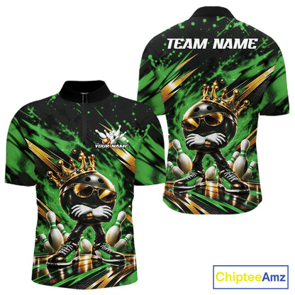 Custom Green And Gold Funny Awesome Crown Bowling Ball Bowling King Men Quarter Zip Team Shirt IPHW12324