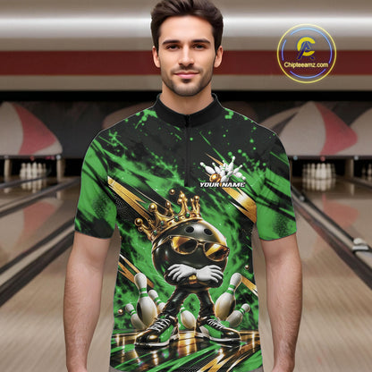 Custom Green And Gold Funny Awesome Crown Bowling Ball Bowling King Men Quarter Zip Team Shirt IPHW12324