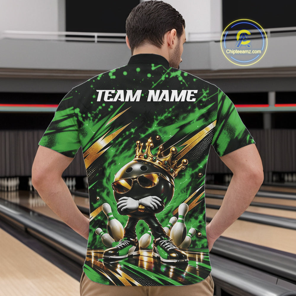 Custom Green And Gold Funny Awesome Crown Bowling Ball Bowling King Men Quarter Zip Team Shirt IPHW12324